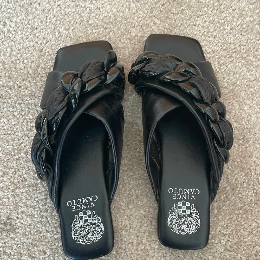 Size 7.5 - Vince Camuto Azori Leather Square Toe Slide Sandals
